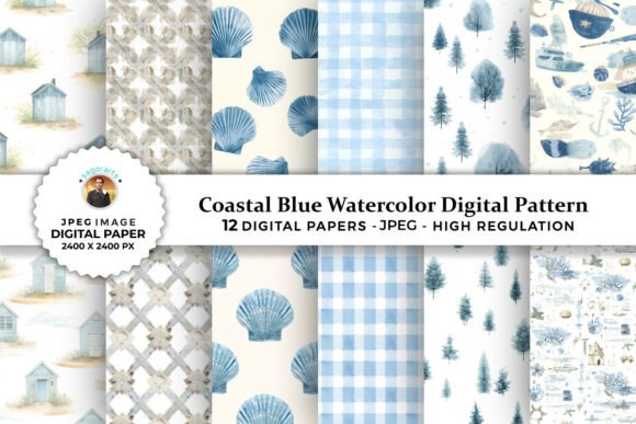 Download Coastal Blue Watercolor Digital Patterns - Blue Collection