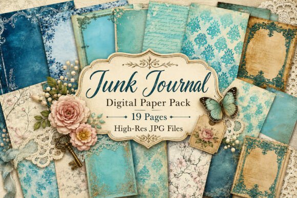 Download Vintage Blue Damask Junk Journal Paper - Blue Collection