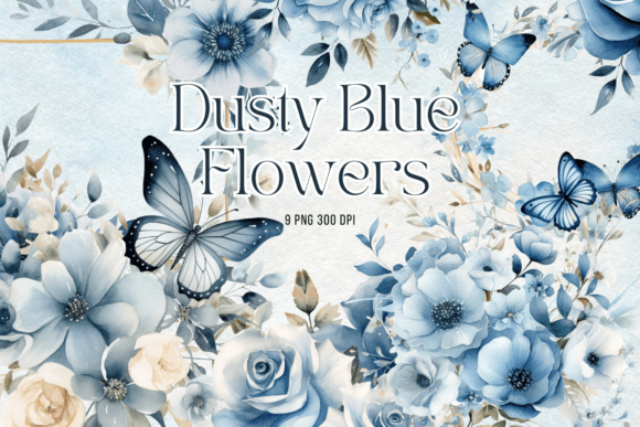 Download Dusty Blue Flowers Watercolor Clipart - Premium Bundle