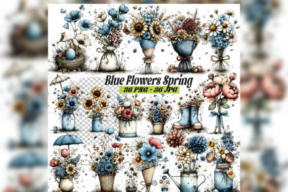 Download Whimsical Blue Spring Flowers Clipart Se - Blue Collection