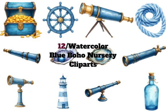 Download Watercolor Blue Boho Nursery Cliparts - Blue Collection