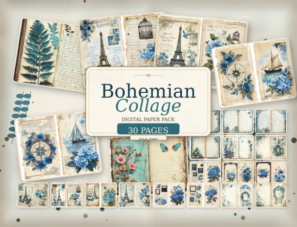 Download Vintage Blue Floral Journal Digital Pape - Blue Collection