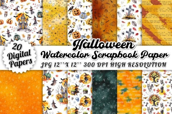 Download Halloween Watercolor Scrapbook Paper Set - Scrapbook Collection